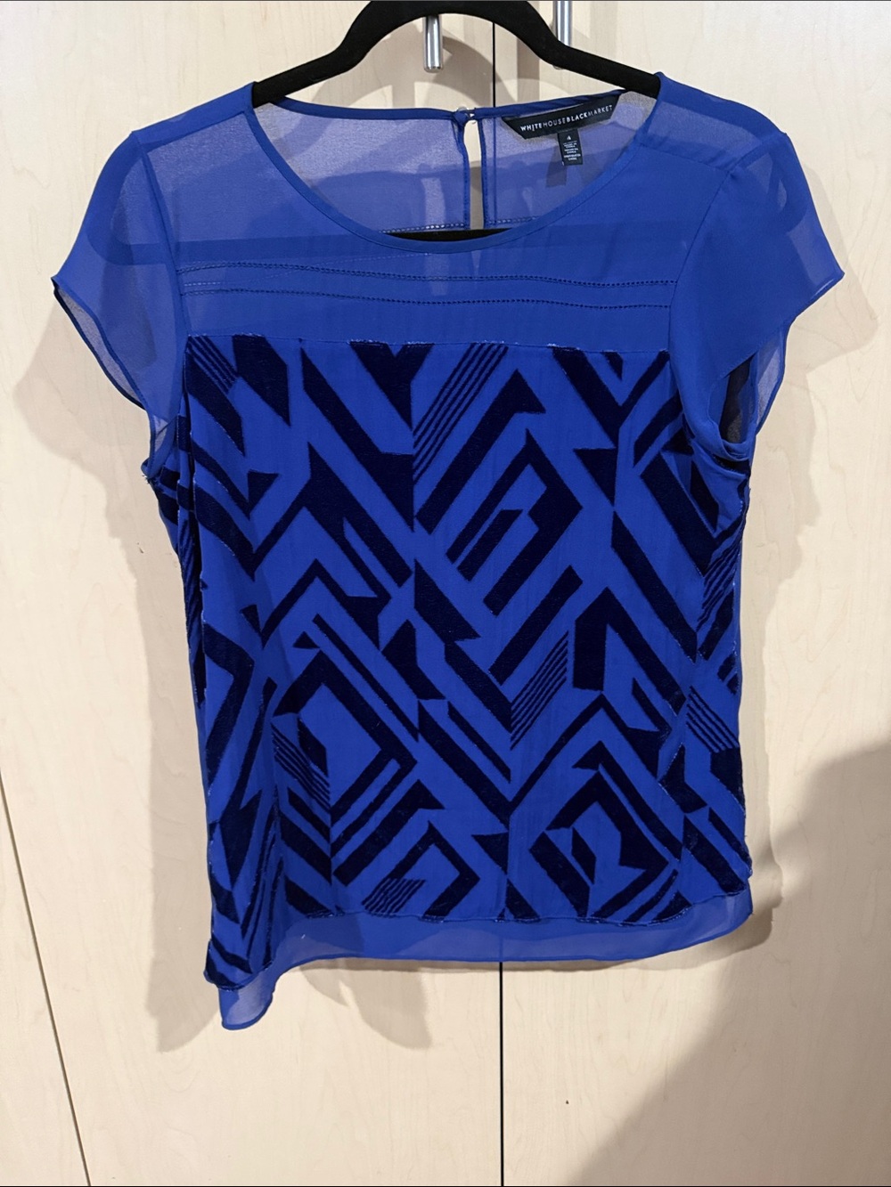 White House Black Market Cobalt Blue Geometric Burnout Cap-Sleeve Blouse